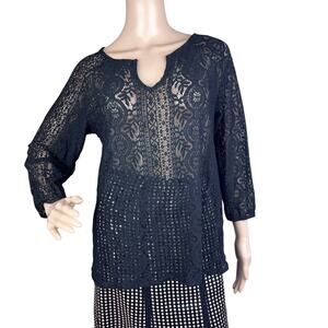 Laundry by Shelli Segal Black Lace See Thru Split Neck 3/4 Sleeve Blouse Size M